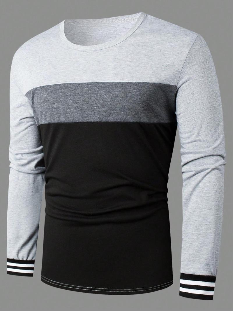 Men's Colorblock Striped Print Round Neck Tee, Casual Long Sleeve Crew Neck T-Shirt for Spring & Fall, Fashion Men's Regular Fit Top for Daily Wear