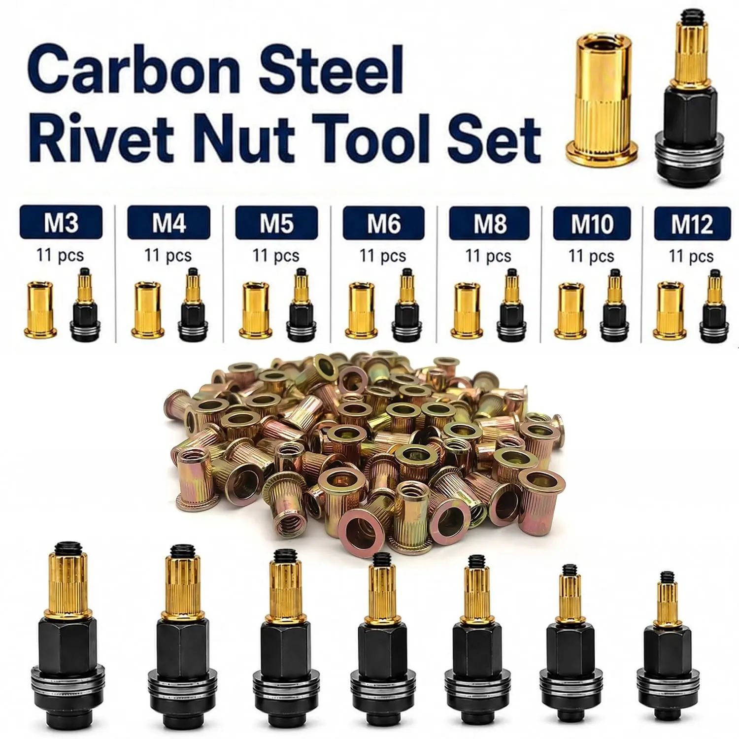 77Pcs M3-M12 Carbon Steel Rivet Nut Kit, Heavy-Duty Flat Head Rivet Nuts (Blind Threaded Inserts) for Metal, Pipe, Automotive & Industrial Applications, Compatible with Manual Rivet Wrench or Drill Gun