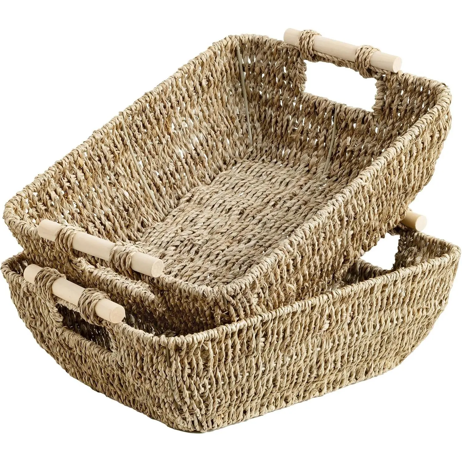 2-Pack Eco-Friendly Natural Seagrass Wicker Weave Large Storage Basket Set with Wooden Handles - Pet Supplies Organizer for Bathroom, Kitchen Fruit & Vegetable Organizing, Space-Saving Minimalist Household Item - Note: Manual Measurement Applied, Book, Be
