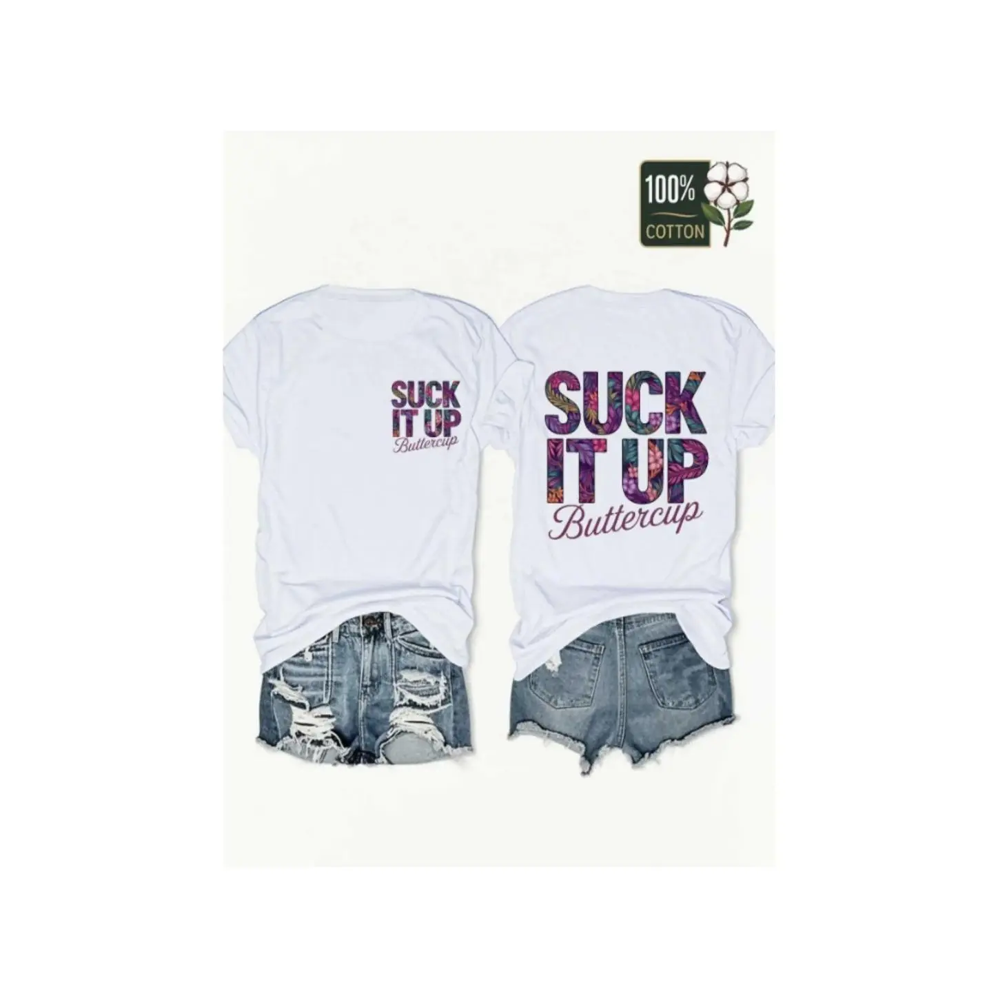 Menswear Unisex Short-Sleeve Stylish Breathable 100% Cotton Classic Fit Graphic Tee, Tropical Plant Front & Back "Suck It Up Buttercup" Print, Casual Denim Streetwear Summer Top for Men, Tops, Shortsleeve