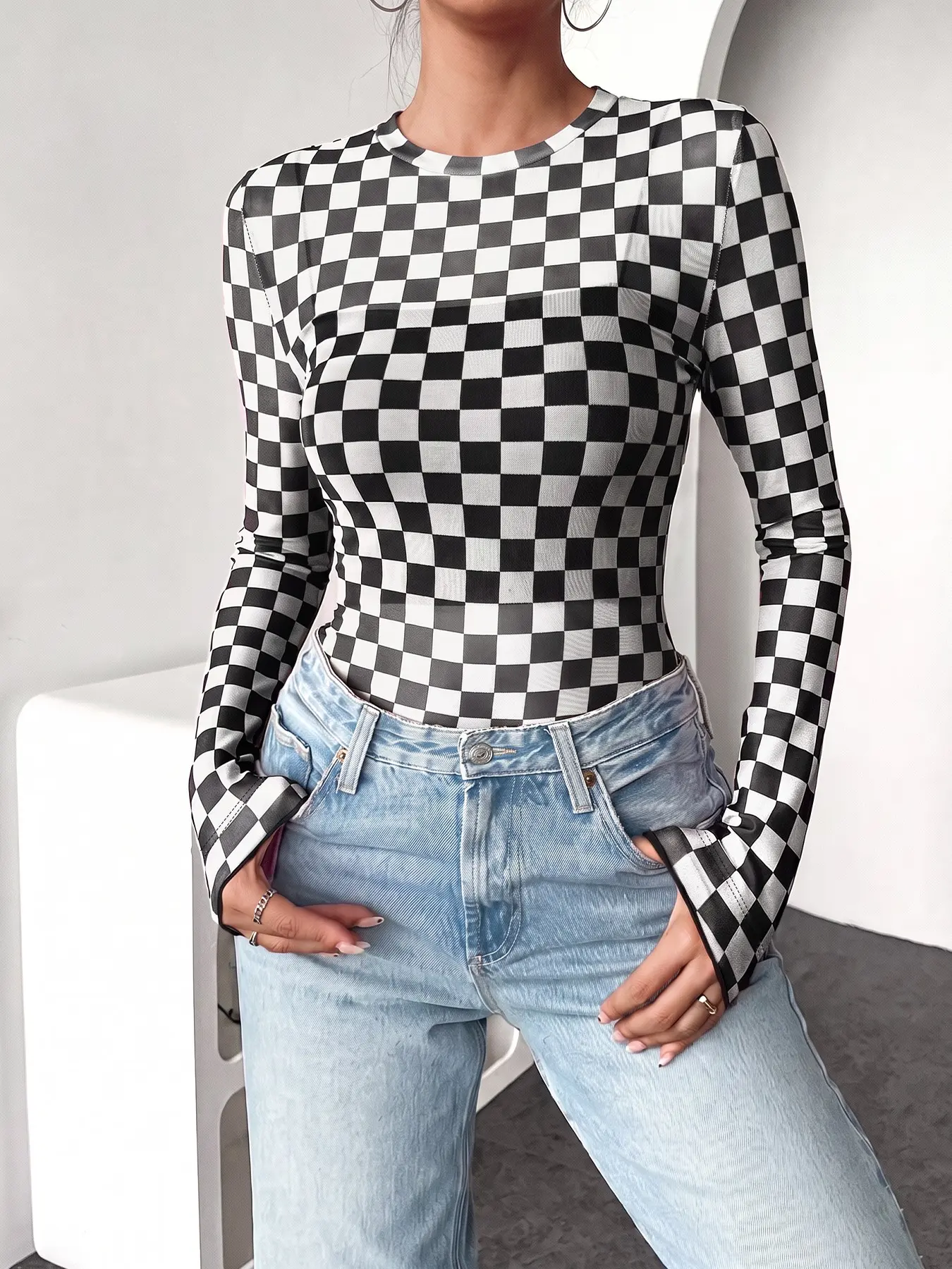 Women's Casual Checkerboard Long Sleeve Fitted Top, All Seasons Blouse, Fall Cloth Mesh Top Y2K Sheer Long Sleeve Tight Fit Shirt Women Grid Plaid Bodycon Base Layer Tee Party Club Night Out Fitted Graphic Blouse Streetwear