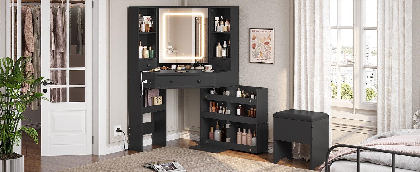 Corner Makeup Vanity Set with Upholstered Storage Stool Black Corner Makeup Vanity Set with Upholstered Storage Stool Black