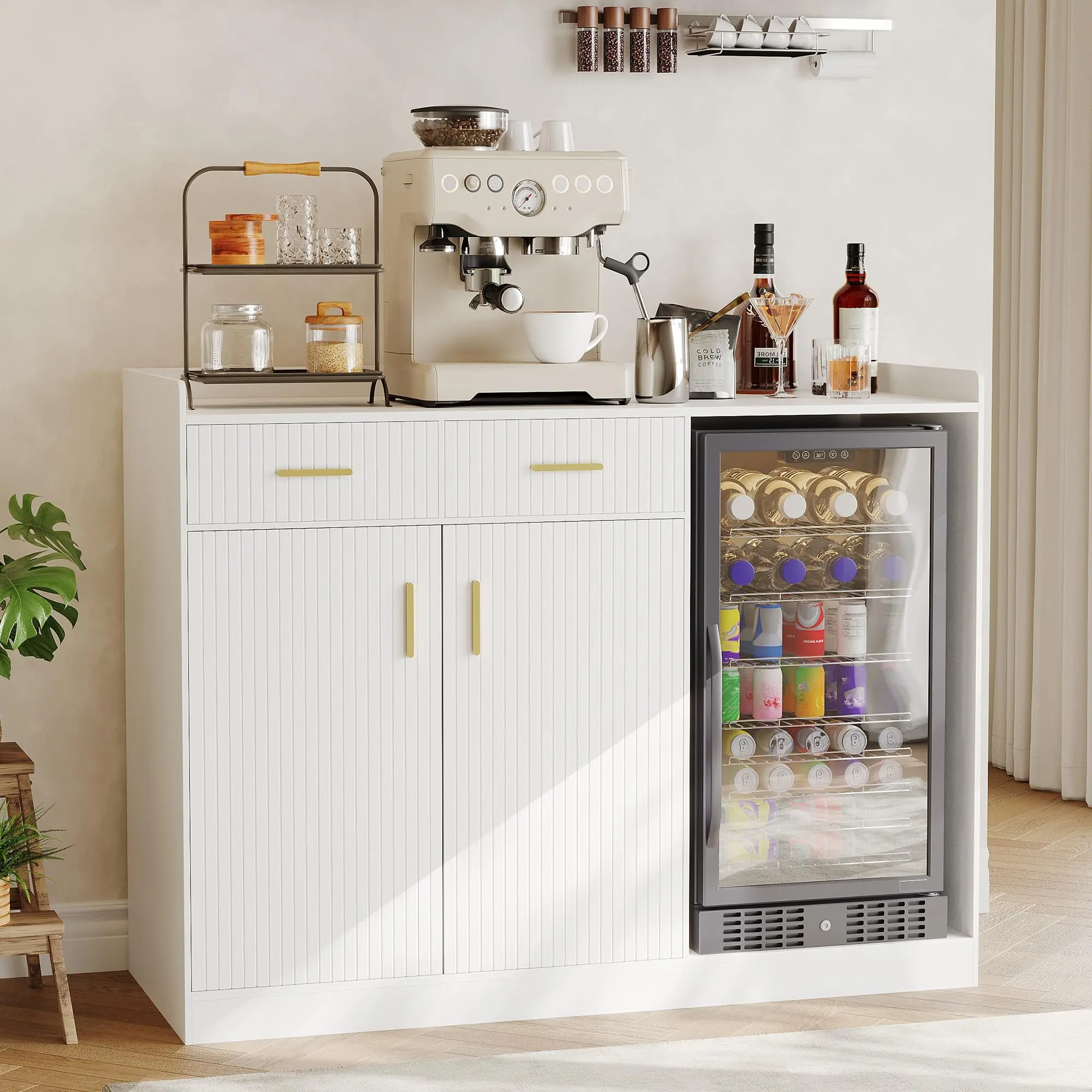 Coffee Bar Cabinet with Fridge Space & Power Outlet, Fluted Wine Buffet with Drawers & Adjustable Shelf, Home Bar Storage for Kitchen Dining Living Room