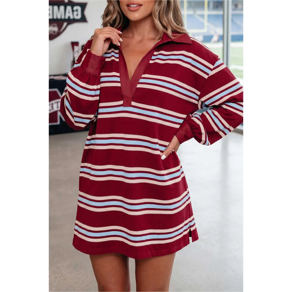 Red Stripe Retro Polo Collar Long Sleeve T Shirt Shift Mini Dress