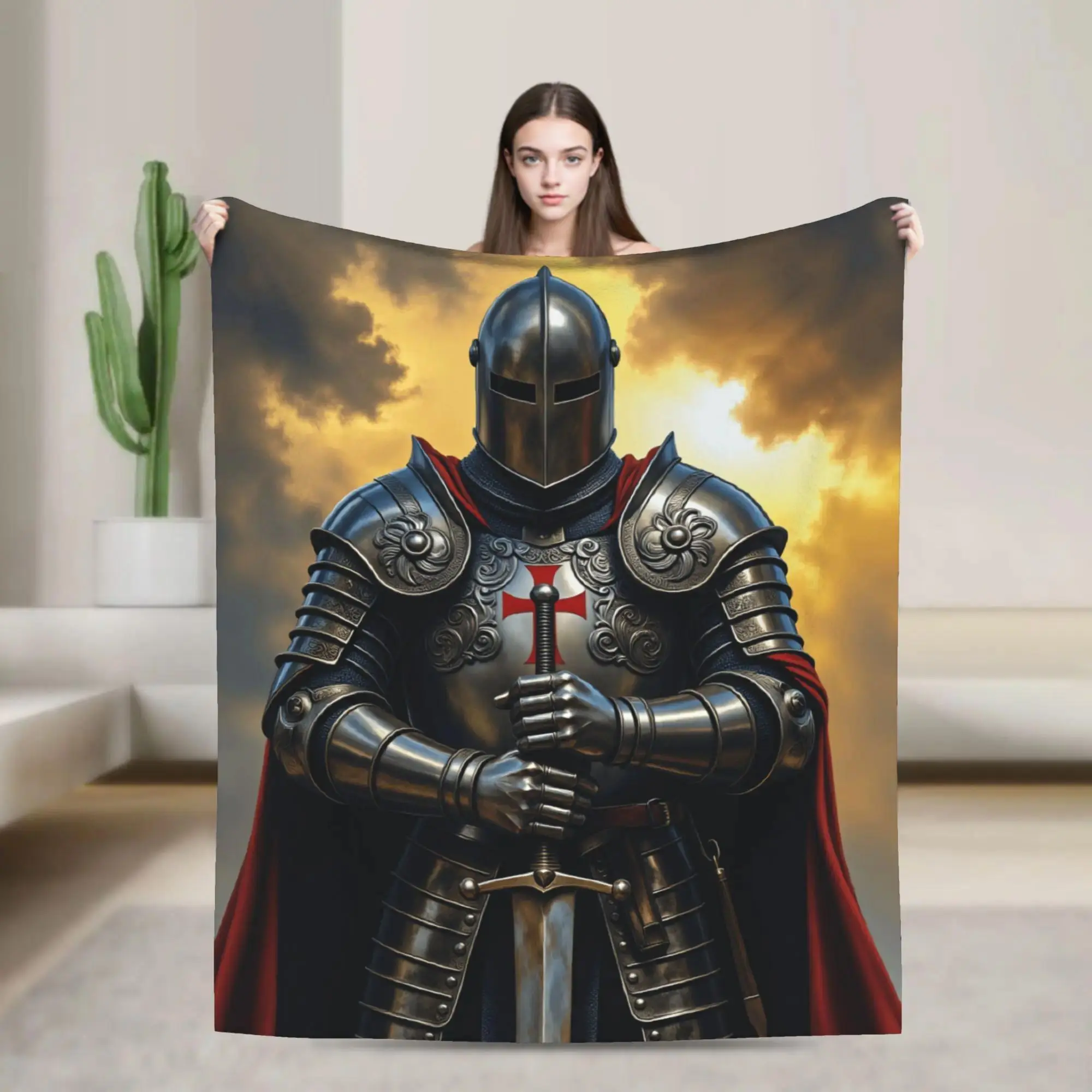 Templar Blood Knight Fantasy Flannel Throw Blanket Medieval Theme Soft Warm Gift