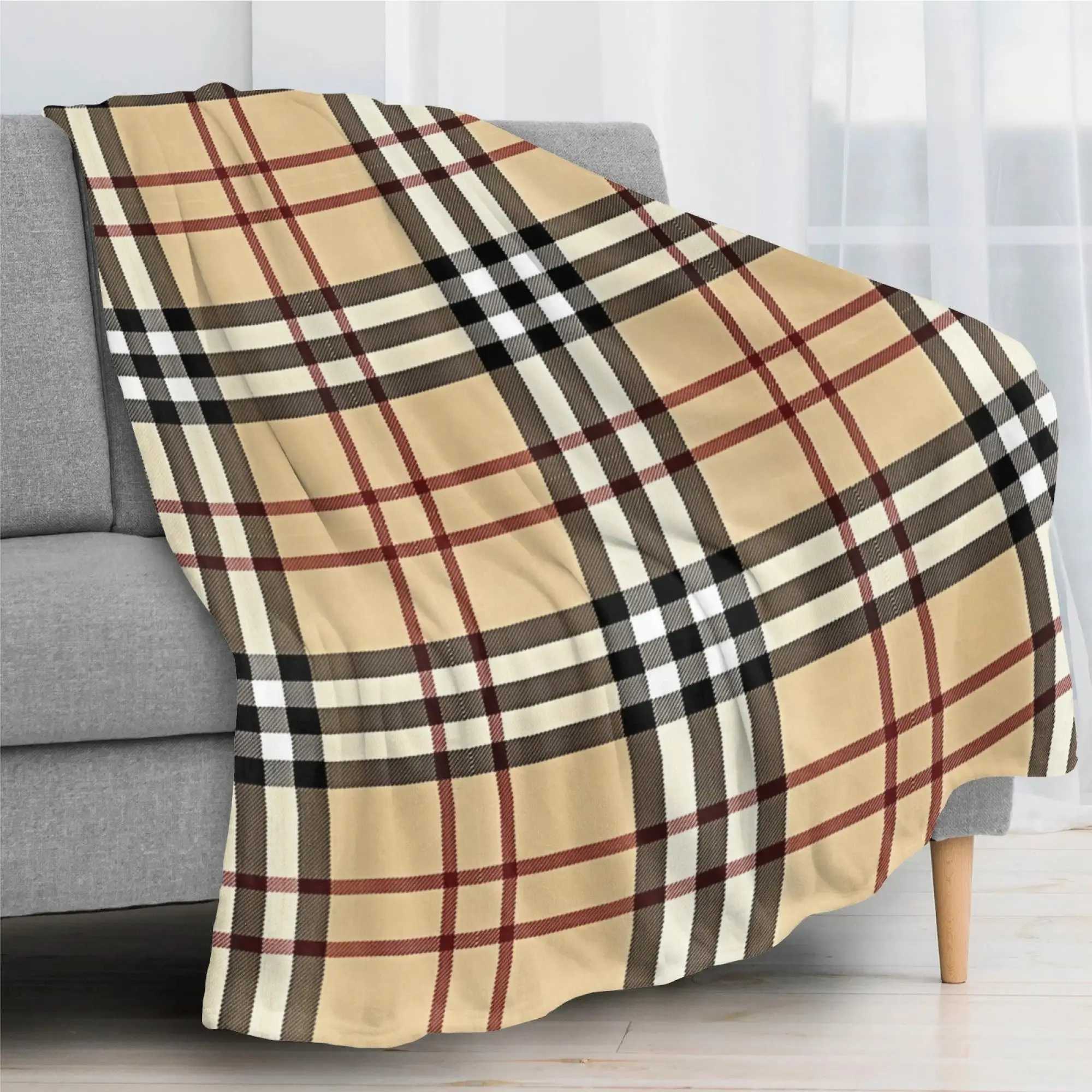 Classic Beige Brown Red Black Plaid Checkered Flannel Fleece Throw Blankets, Wrinkle Resistant Flat Weave Cooling Blankets All Season Quince Bedding, Soft Lightweight Decor Blankets for Couch Bed Indoor Home Travel