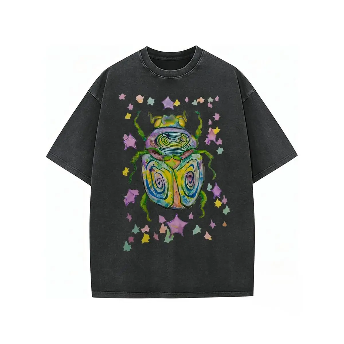 Vintage Washed Psychedelic Beetle Star Graphic T-Shirt Cotton Unisex Oversized Crewneck Streetwear Trippy Art Casual Shirt