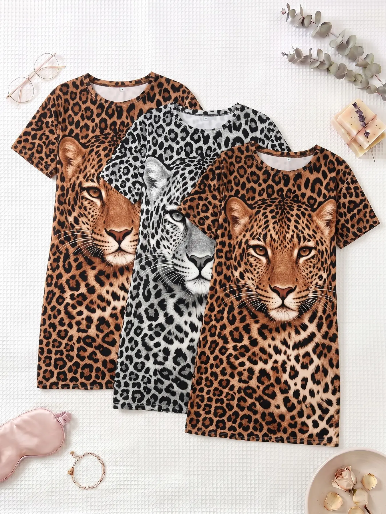 3-Pack Women's Nightdresses, Round Neck Short Sleeve, All-Season Comfortable Breathable, Leopard Print, Casual Home Wear, Nightwear Sleepwear Homewear, Nightwear, Loungewear, Fashion Sleepwear