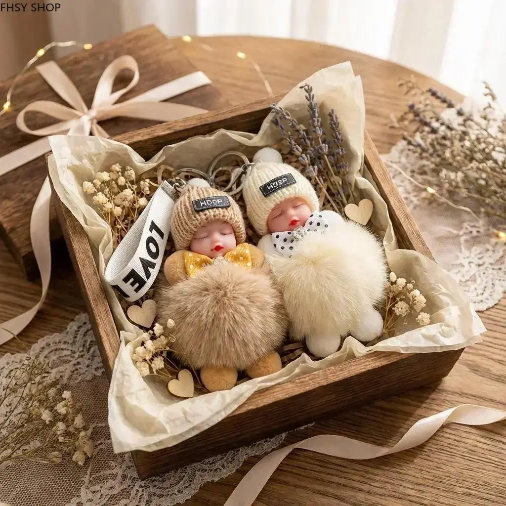 Handmade Cute Doll Keychains 2-Pack, Plush Pompom Bag Charms with Knit Hats & Bowties, Great Gift for Valentine's, Birthdays, or Holidays, Adorable Accessory for Keys, Bags, or Backpacks