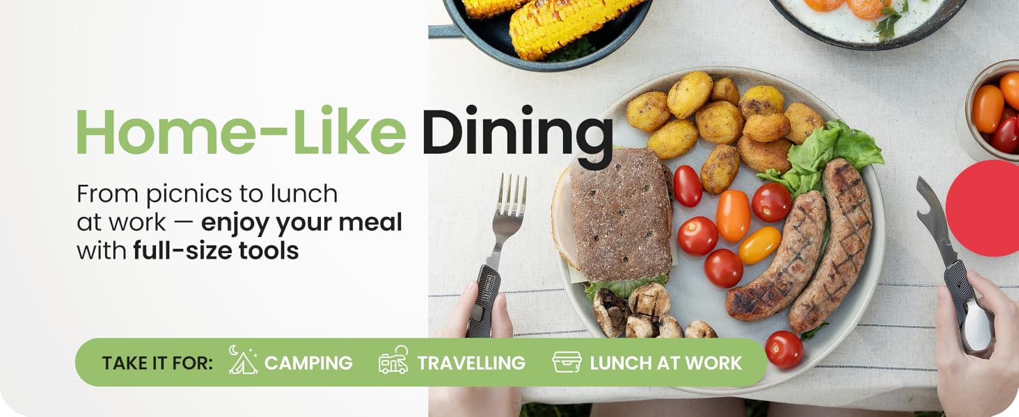 AGS Orblue 4-in-1 Camping Eating Utensils, 2-Pack - Portable Spoon, Fork, Knife & Bottle Opener Combo Set - Stainless Steel Flatware with Detachable Fork - Travel, Backpacking Cutlery Multitool, Yellow