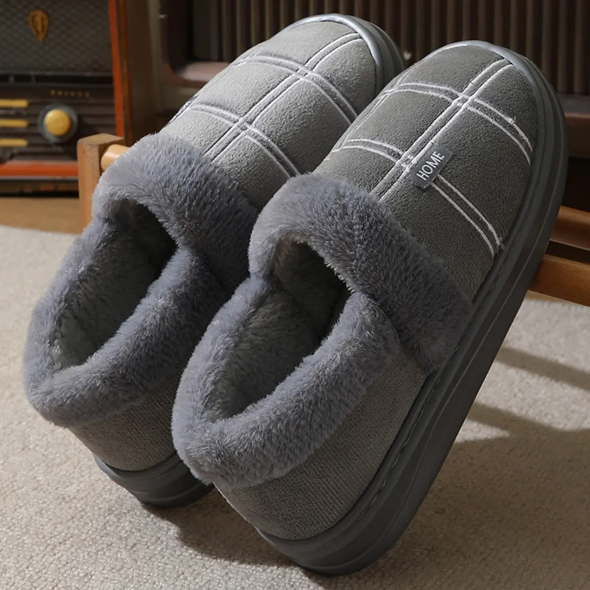 Large Size Men Slippers 50-51 Fuzzy Plush Thick Sole Non Slip Closed Back Warm Cushion Comfort House Shoes Indoor Home Boy Footwear