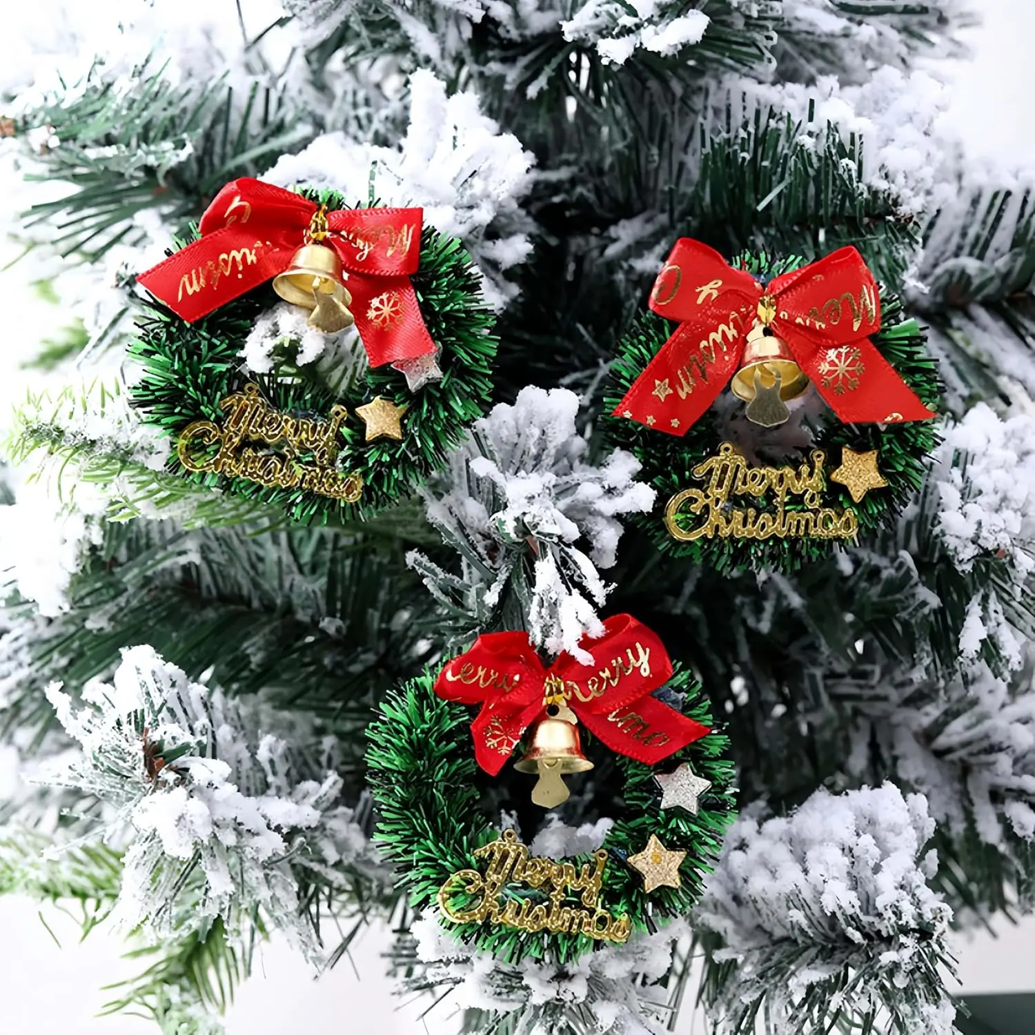 4 count Christmas Wreath Decorations, Mini Wreaths with Bow & Golden , Green Artificial Wreath for Christmas Tree Holiday  Decoration