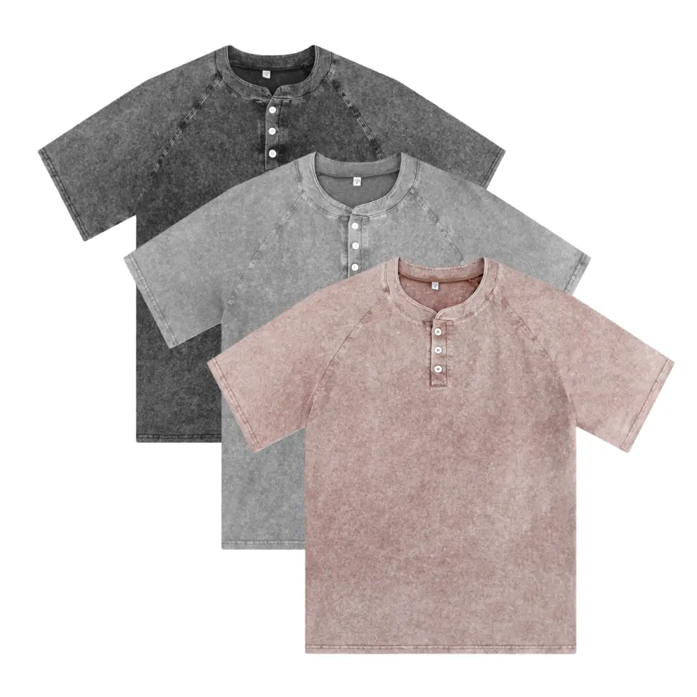 Men's Washed Cotton Henley Tee - Short-Sleeve, Plain, Casual Menswear, Loose-Fit Raglan Shirt with Button Placket for Daily Wear, Street Outfits, Shortsleeve