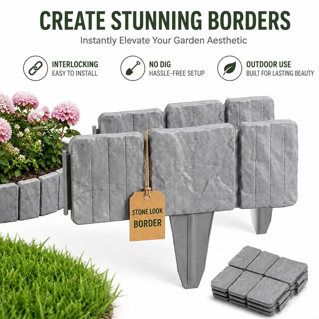 Stone Look Garden Fence, Outdoor Landscape Decor, Flexible Interlocking Design, Natural Stone Texture, Ideal for Lawn and Greenery Edging, Garden Fence Panels