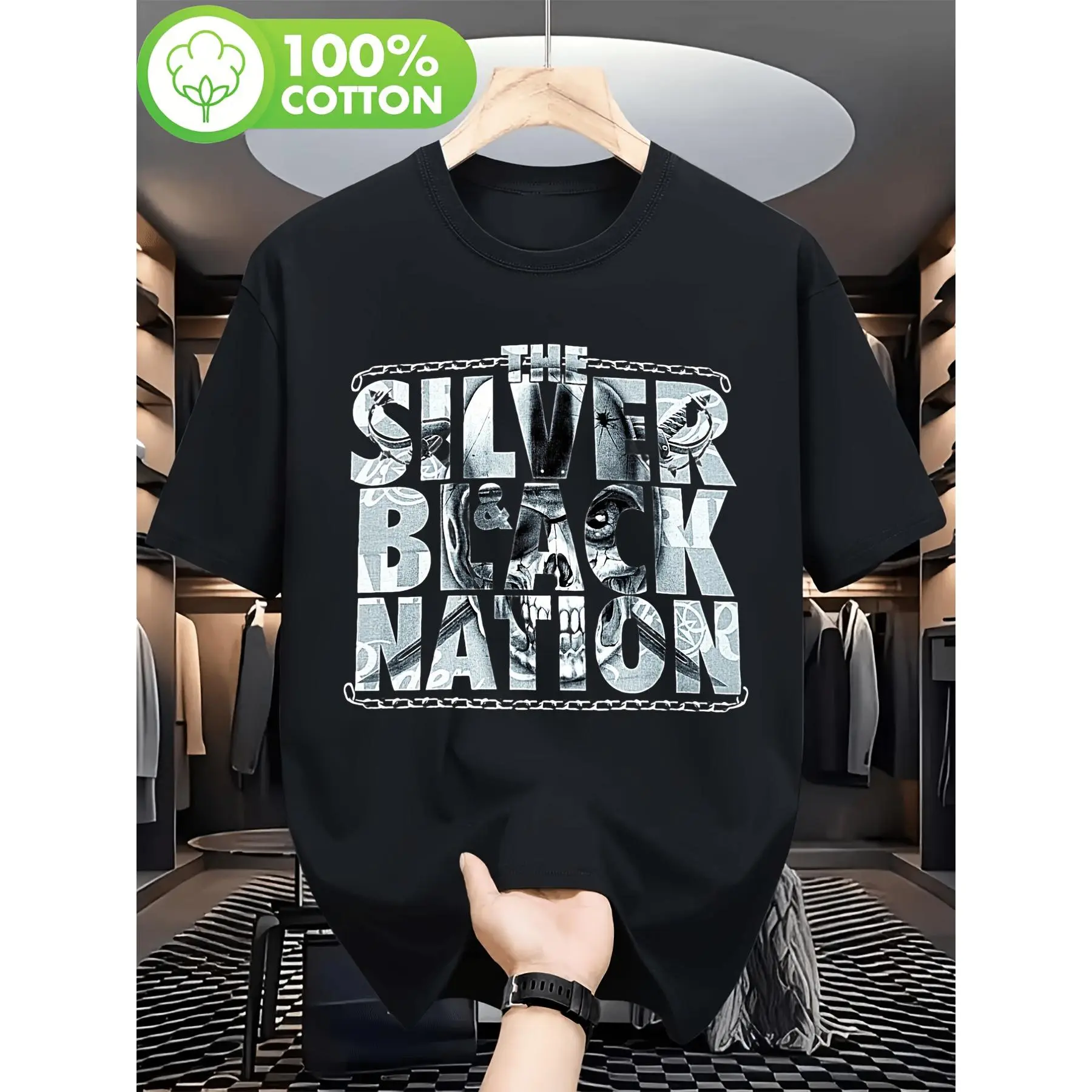 Men's Short-Sleeve Round Neck Trend Aesthetic Loose Fit Printed Raiders Tee (T-1-Black) - 100% Skin-Friendly Menswear, Casual Daily/Hiking/Light Outdoor Summer Top, Versatile Gifting Item, Shortsleeve