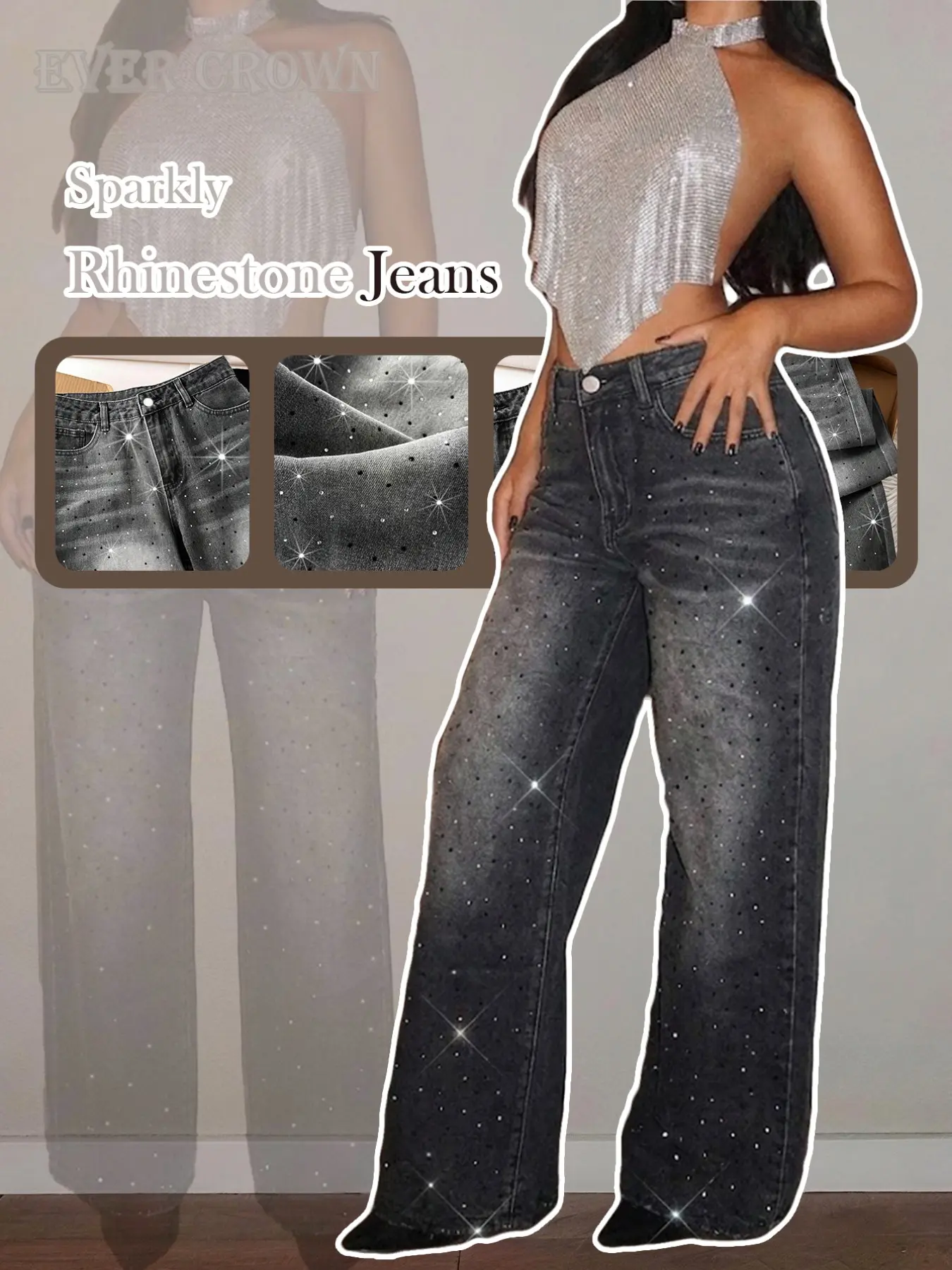 Women's Elegant Rhinestone Jeans, Ankle-Length Loose-Fit Oversized Baggy Denim Jeans Pants, Mid-Waist Button Fly, Casual All-Season Solid Color