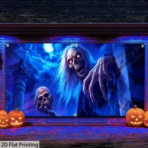 Halloween Ghost Skull Banner, Large Fabric Wall Decor, Party Decoration, Outdoor Activity, Polyester Fiber, 400x180 Cm, No Power Needed