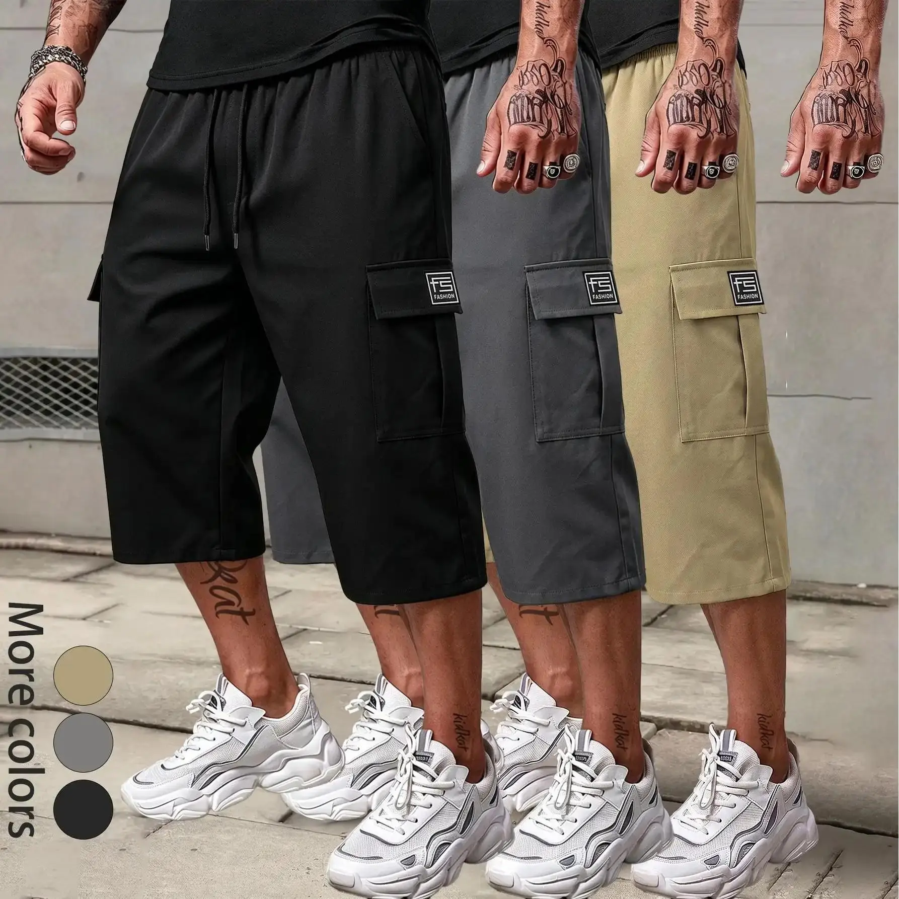 Men’s summer casual cargo shorts - elastic drawstring waist, multiple pockets and letter patch design, regular fit, mid-rise, non-stretch fabric for everyday wear and leisure activities, non-transparent fabric, menswear Beige Black short shorts for summer