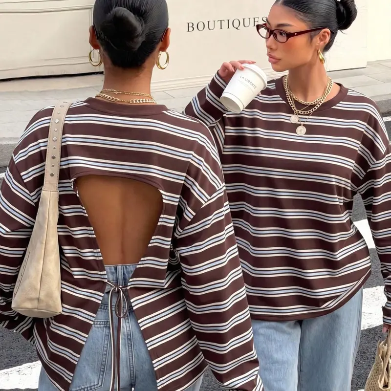 Striped Open Back Tie Long Sleeve Oversized T-Shirt, Crew Neck Cut Out Back, Casual Streetwear Top for Men, Casual Fashion Clothing