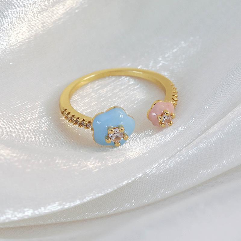 Spring and summer macaron-colored oil-drip flower heart ring with zircon inlay, open niche ring for women, personalized index finger ring