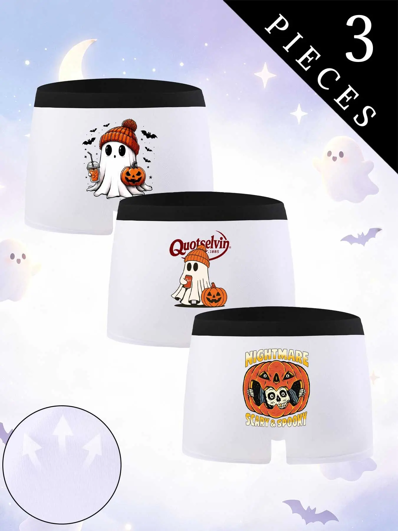 3-Pack Men's Halloween Fun Briefs, Mixed Knit Hat Ghost Cup, Nightmare Pumpkin Skull Print, Soft Breathable Elastic Shorts, Halloween Gift Underwear