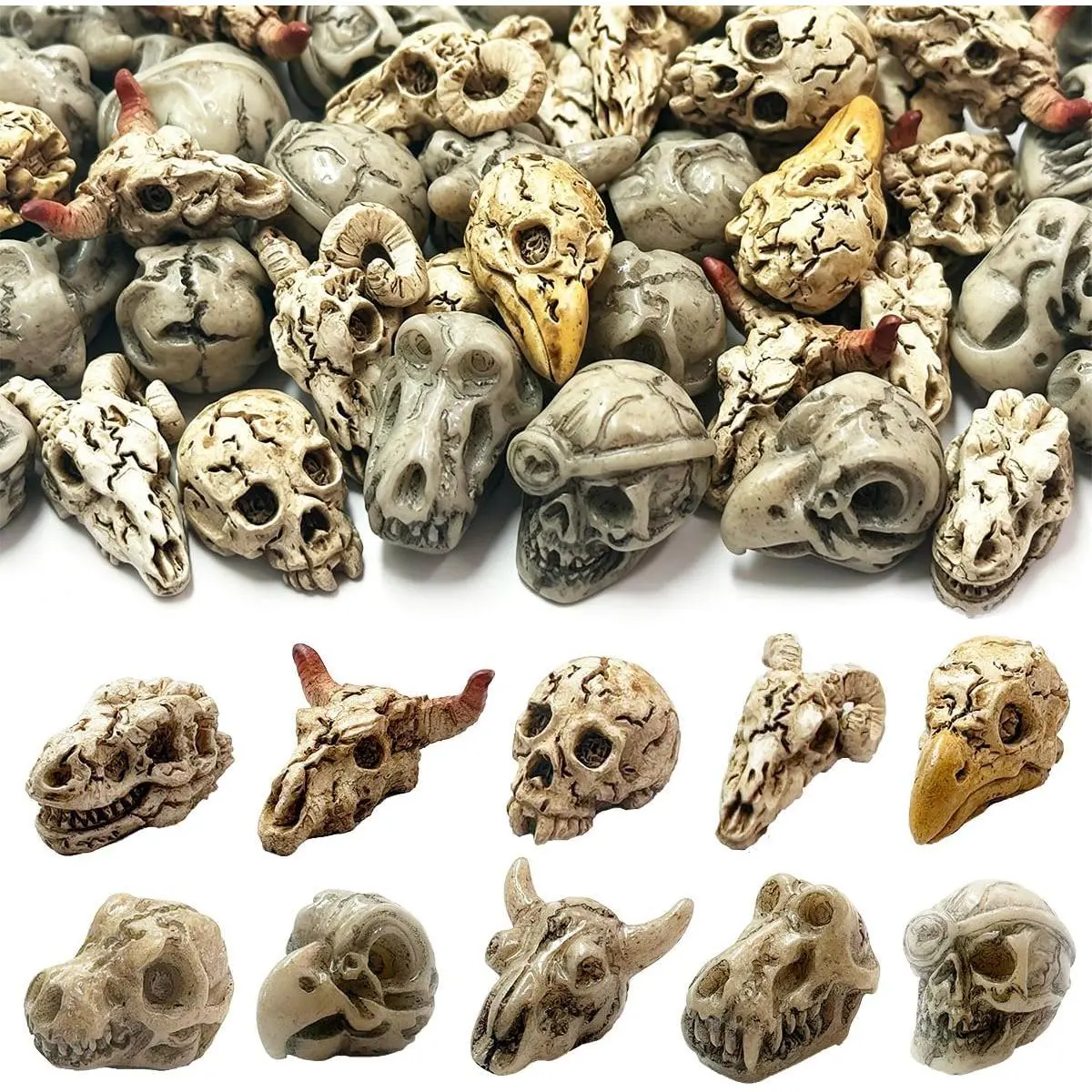 50Pcs Mini Resin Animal Skull Heads Bulk Pack - Outdoor-Safe Weatherproof DIY Craft Ornaments, Halloween Miniature Skeleton Figurines for Home Decor, Party Decor & Micro Landscape Accents