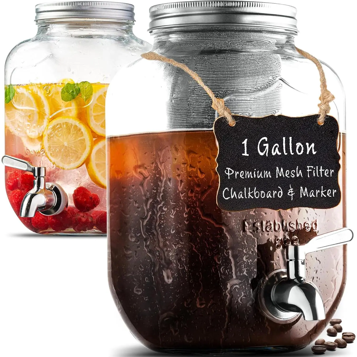 1 Gallon Cold Brew Coffee Maker - 3rd Generation Fine Mesh Filter - Stainless Steel Spigot - Extra Thick Large Glass Mason Jar Drink Dispenser Carafe, Iced Coffee Maker & Sun  Pitcher with Infuser.