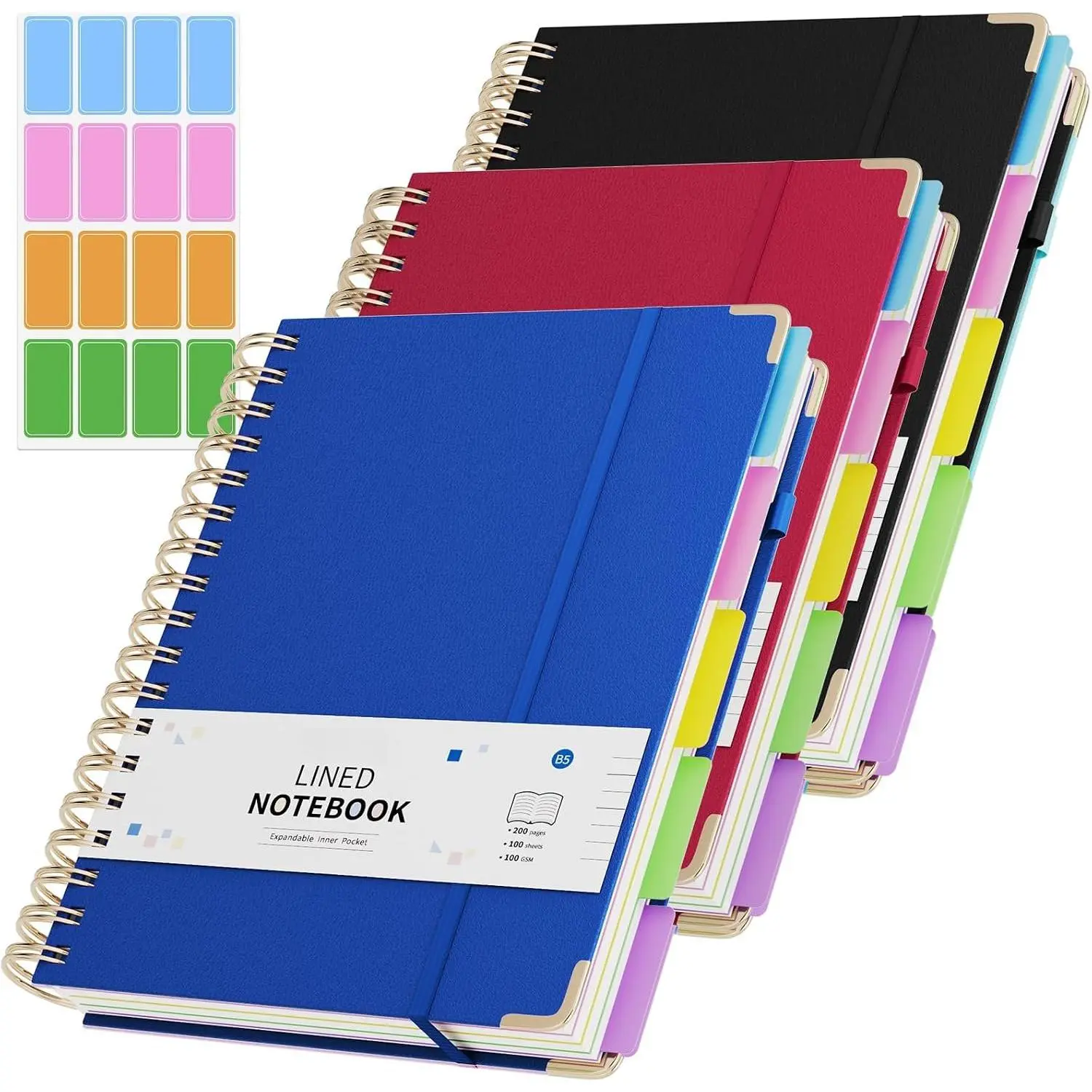 Women's 3-Pack Hardcover Spiral B5 Notebooks - College Ruled, 5-Subject, 200 Pages, 8"x10" Leather Cover, Removable Dividers Tabs - Office Stationery for Work, School (Back to School Haul) - Red/Blue/Black