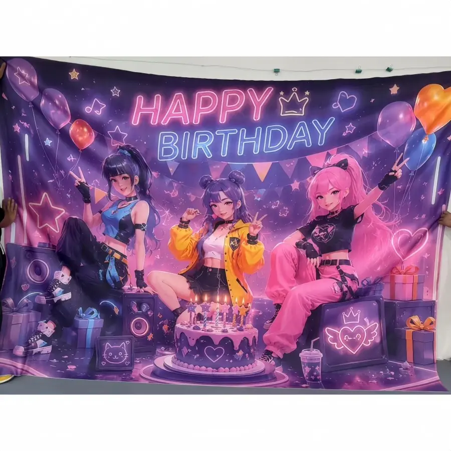 trendy KPOP girl birthday background banner, rainbow balloon cake gift elements, polyester material,suitable for living room, bedroom, office, birthdays, anniversaries, home decor, outdoor and indoor parties, photography backdrops, birthday party supplies