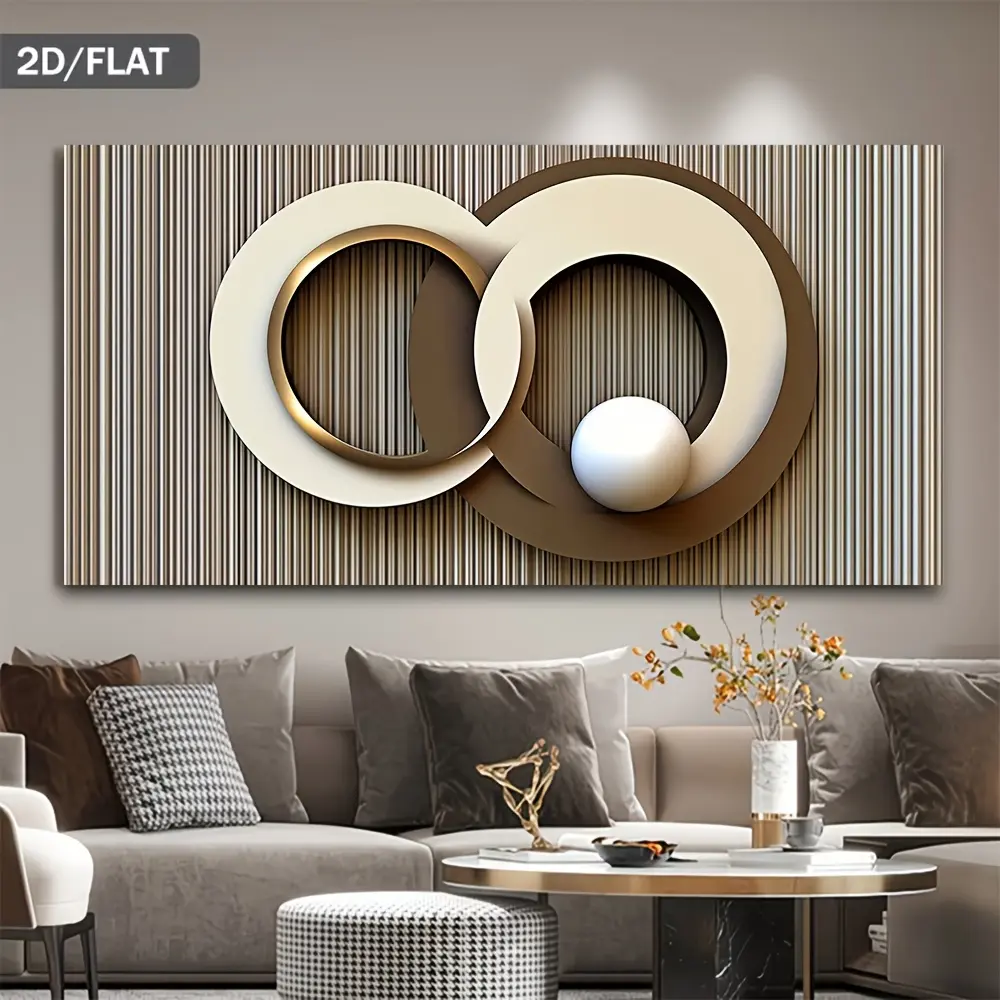 1PC Wood Frameless 2D Large Canvas Wall Art - Simple Abstract Geometric Art, Interlocking Neutral-Tone Circles, Printed Modern Home Decor for Living Room, Office, Indoor Use