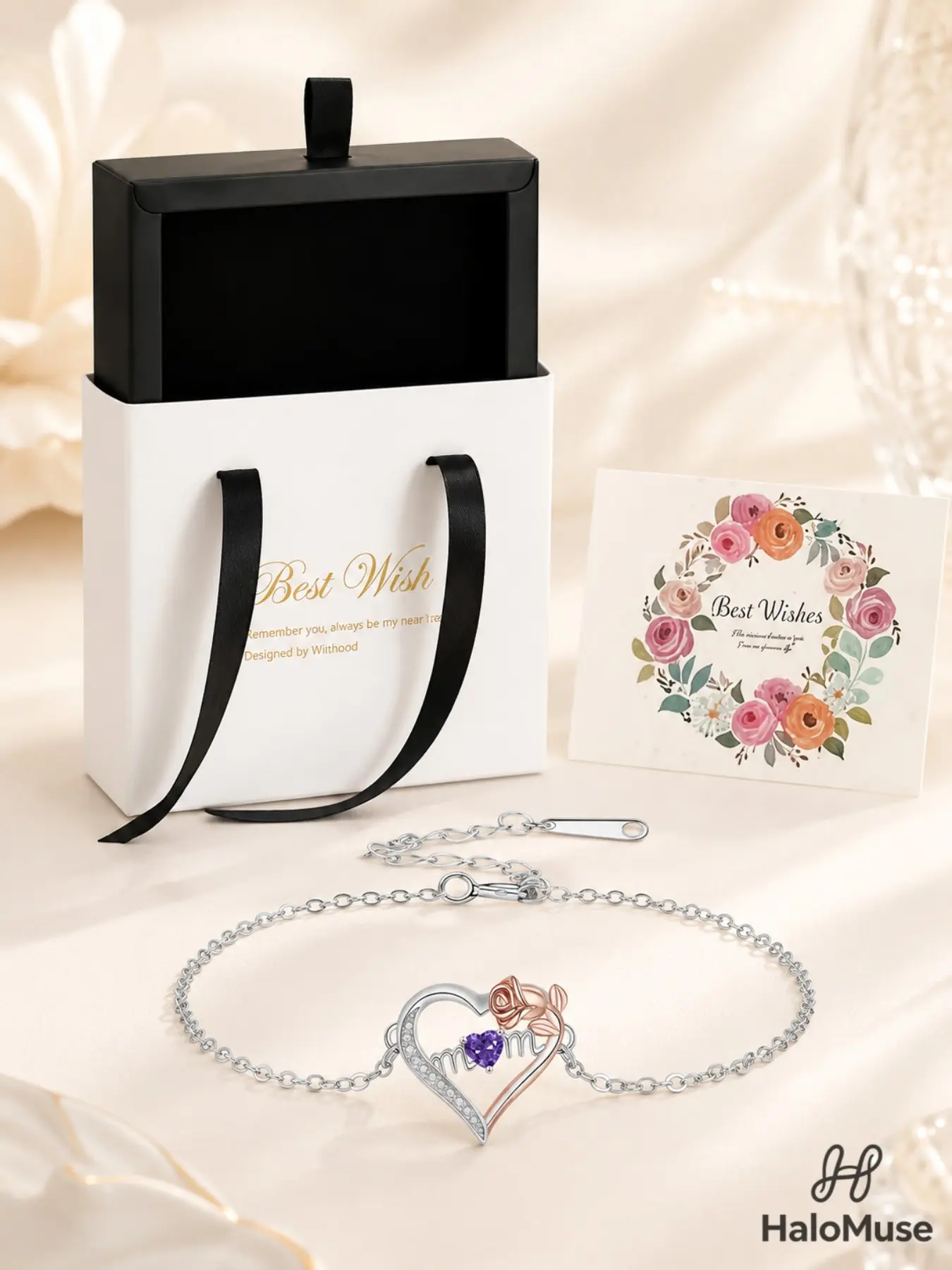 Halo Muse 1 Set Mama Heart Rose Purple Zircon Bracelet Drawer Gift Box Set, Warm Healing Vibe, Two-tone Rose Heart Mom Bracelet with Card, Mother's Day Birthday Gift for Mom, Daily Versatile Jewelry