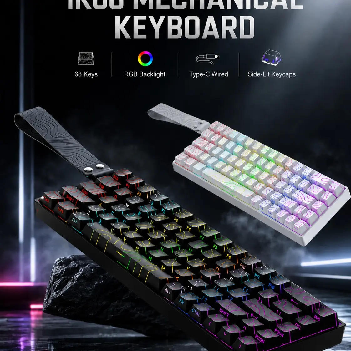 68-Key Wired Mechanical Keyboard, Compact RGB Backlit, Hot-Swappable Type-C, Side-Lit Oem Keycaps, Gaming, Laptop, Windows, Macos