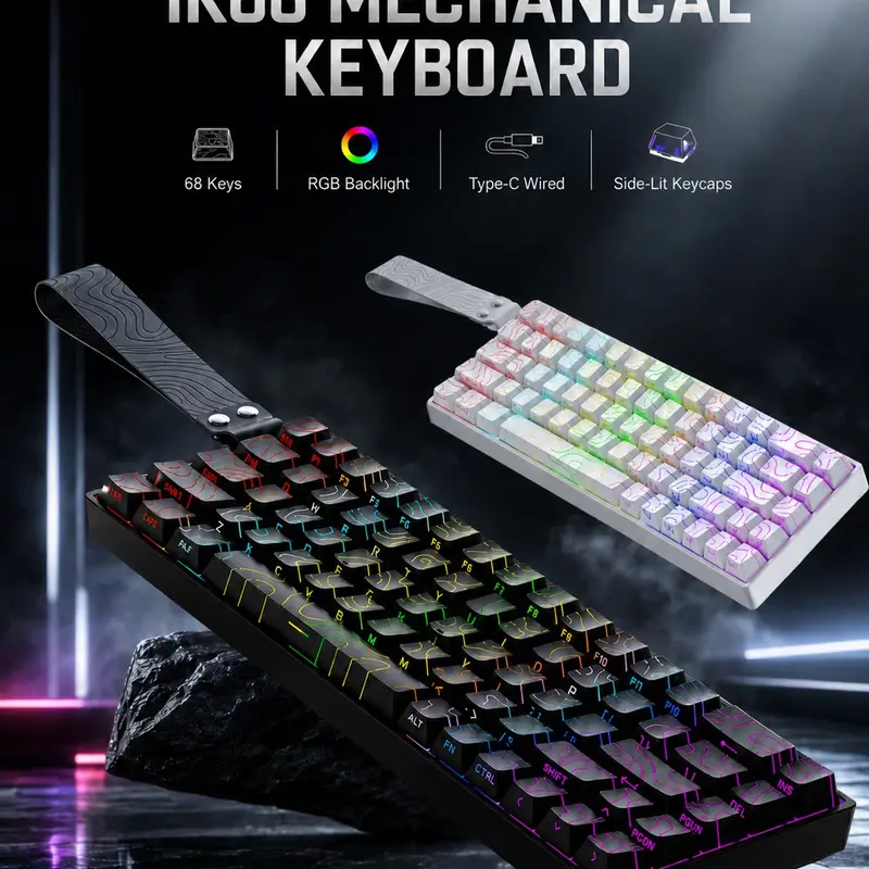 68-Key Wired Mechanical Keyboard, Compact RGB Backlit, Hot-Swappable Type-C, Side-Lit OEM Keycaps, Compatible with Windows & macOS, for Gaming & Laptop, RGB Backlight Keyboard