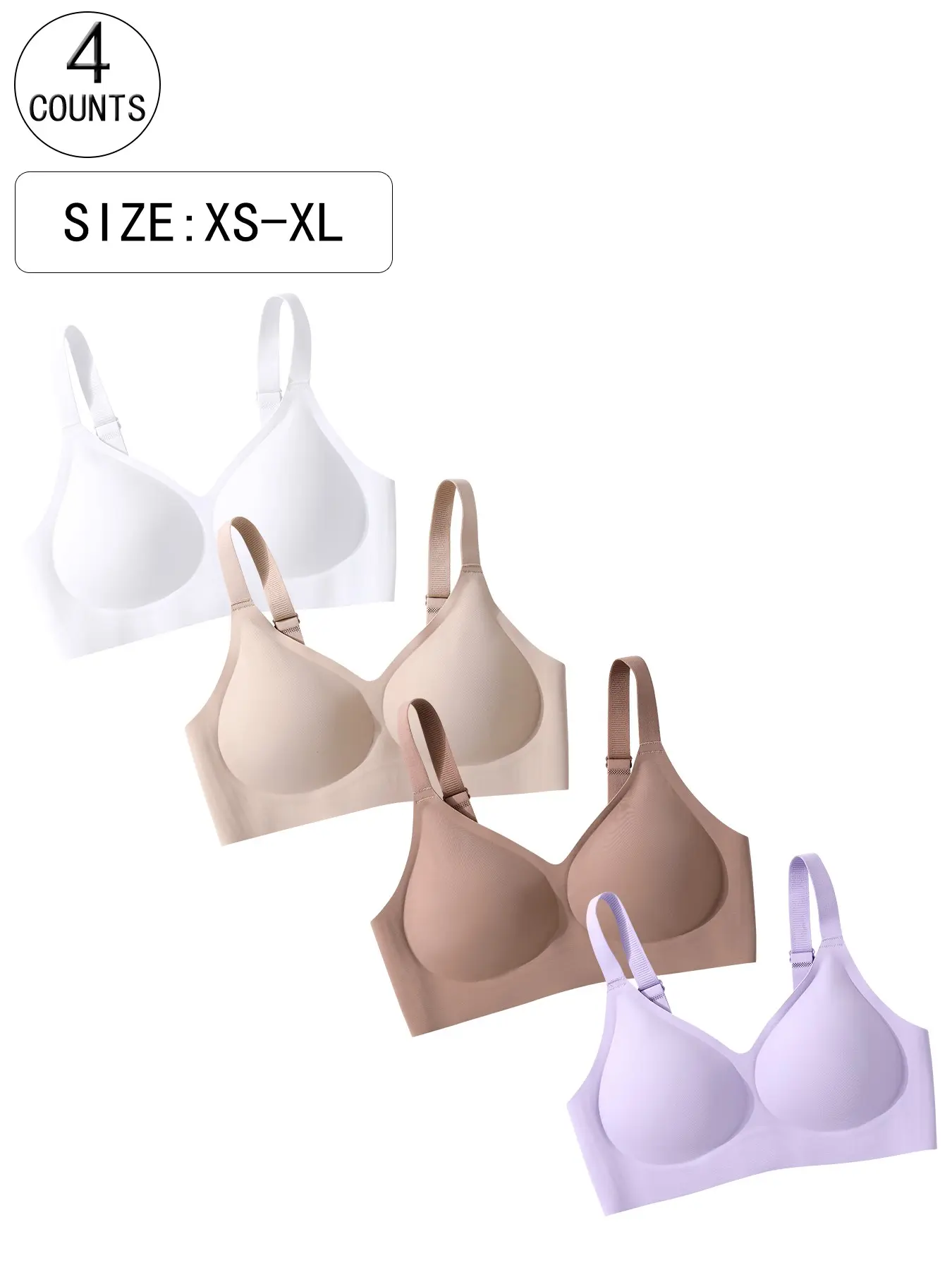 4 Pack / 6 colors, women's seamless jelly sexy underwear bra, four rows of three hooks, push-up, adjustable, breathable, skin-friendly, comfortable, suitable for daily wear, parties, yoga, women's non-wire bra, Breathable Bras
