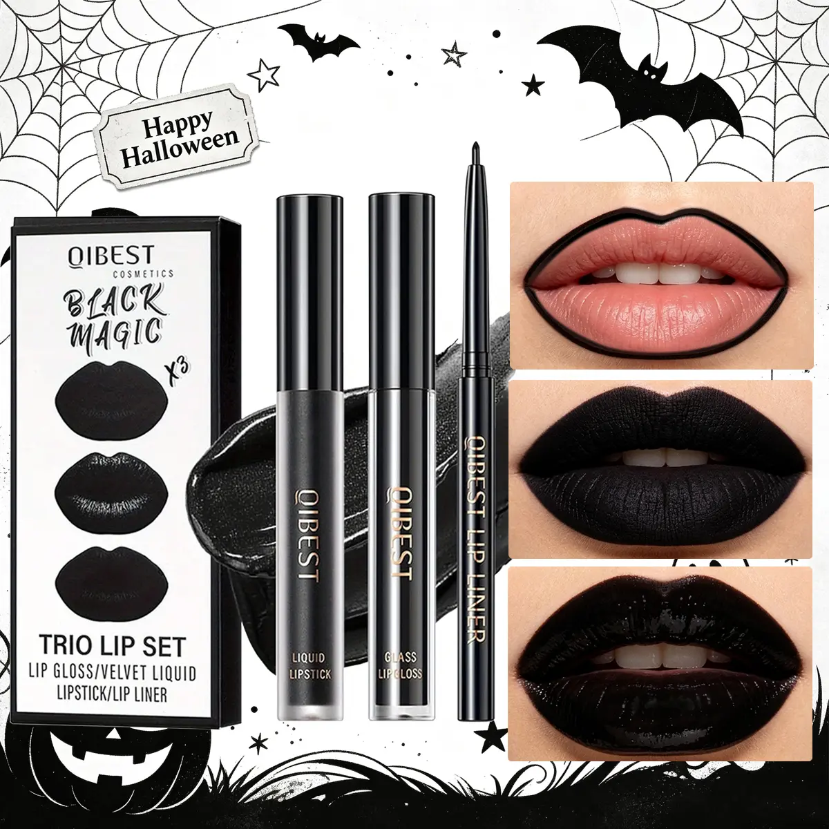 Matte black lip gloss, long-lasting and waterproof, silky smooth application, gothic style, Halloween lip gloss
