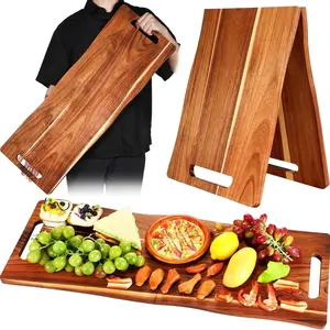 33x12 Inch Large Teak Meat Platter with Handles, Foldable Christmas Wooden Tray, Rectangular Appetizer Cheese Meat Serving Dish, Ideal for Moving Parties