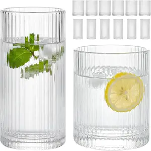 Ribbed Drinking Glasses Set of 12, Glassware Clear Water Glass Cups, 6 Highball Glasses 12 Oz, 6 Rocks Glass 13 Oz, Ribbed Kitchen Bar Tumbler for Wine, Juice, Ice Coffee, Whiskey