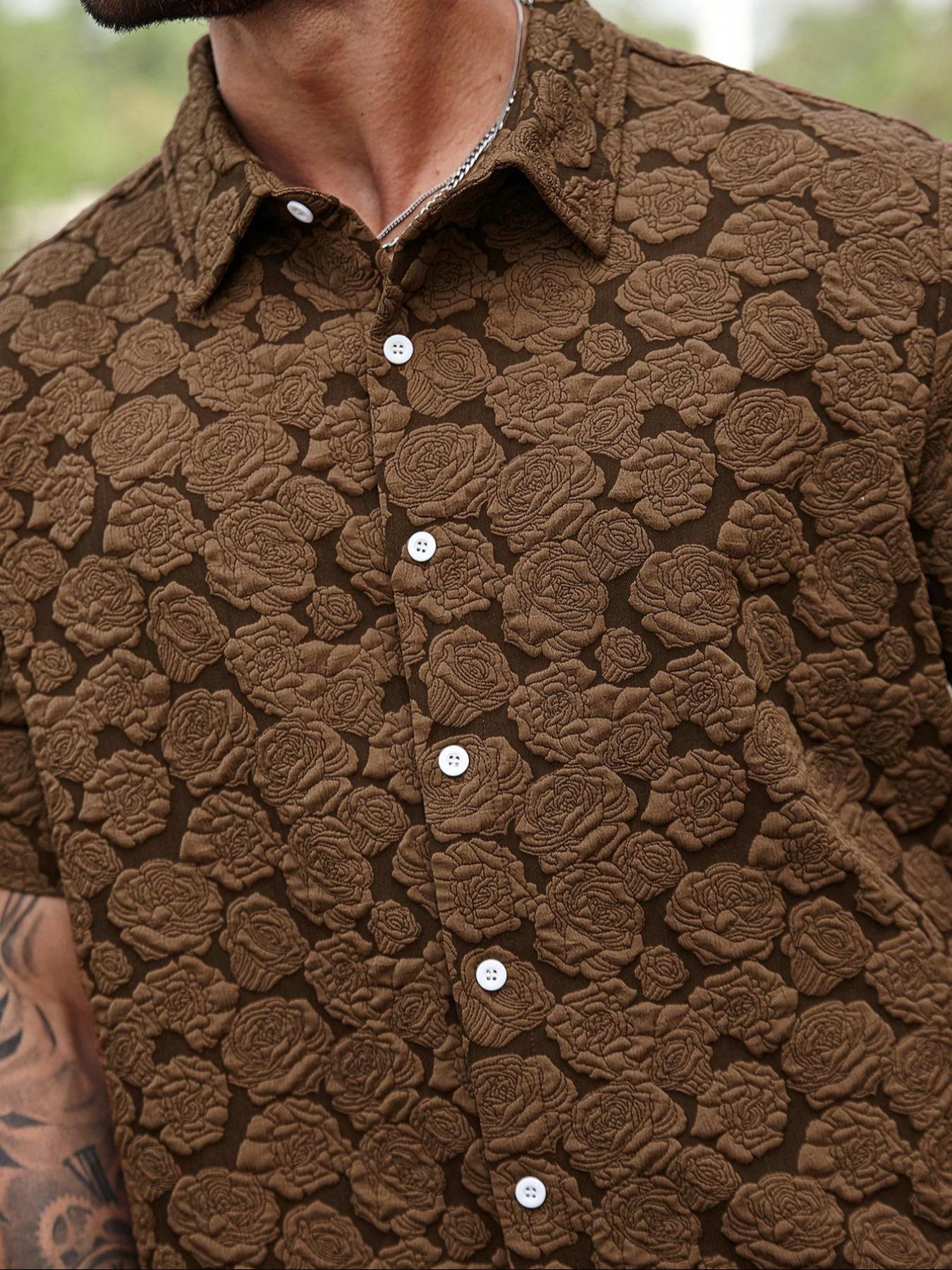 Men's Rose Print Short Sleeve Shirt, Casual Button Collared Loose Casual Soft Comfy Button Up Top for Summer, Men's Clothes for Daily Wear, Casual Menswear