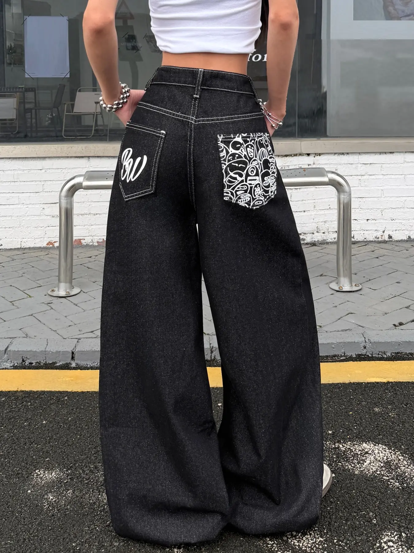 Women's Loose-Fit Printed Jeans, High-Waisted Wide-Leg Long Pants, Street Style, All Seasons, No Belt Included, Trendy Hip-Hop Fashion