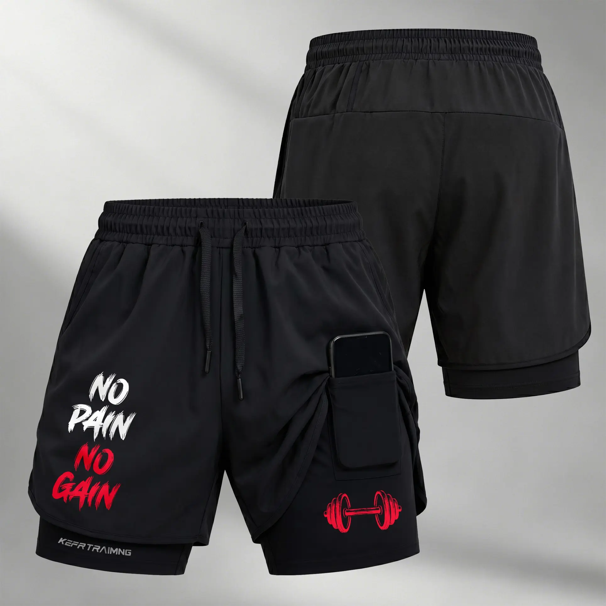 Men’s No Pain No Gain Graphic Print 2-in-1 Athletic Shorts, Built-in Compression Liner, Secure Inner Phone Pocket, Elastic Drawstring Waist, Quick-Dry Gym Running Training Shorts for Summer Daily Wear