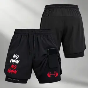 Men’s No Pain No Gain Graphic Print 2-in-1 Athletic Shorts, Built-in Compression Liner, Secure Inner Phone Pocket, Elastic Drawstring Waist, Quick-Dry Gym Running Training Shorts for Summer Daily Wear