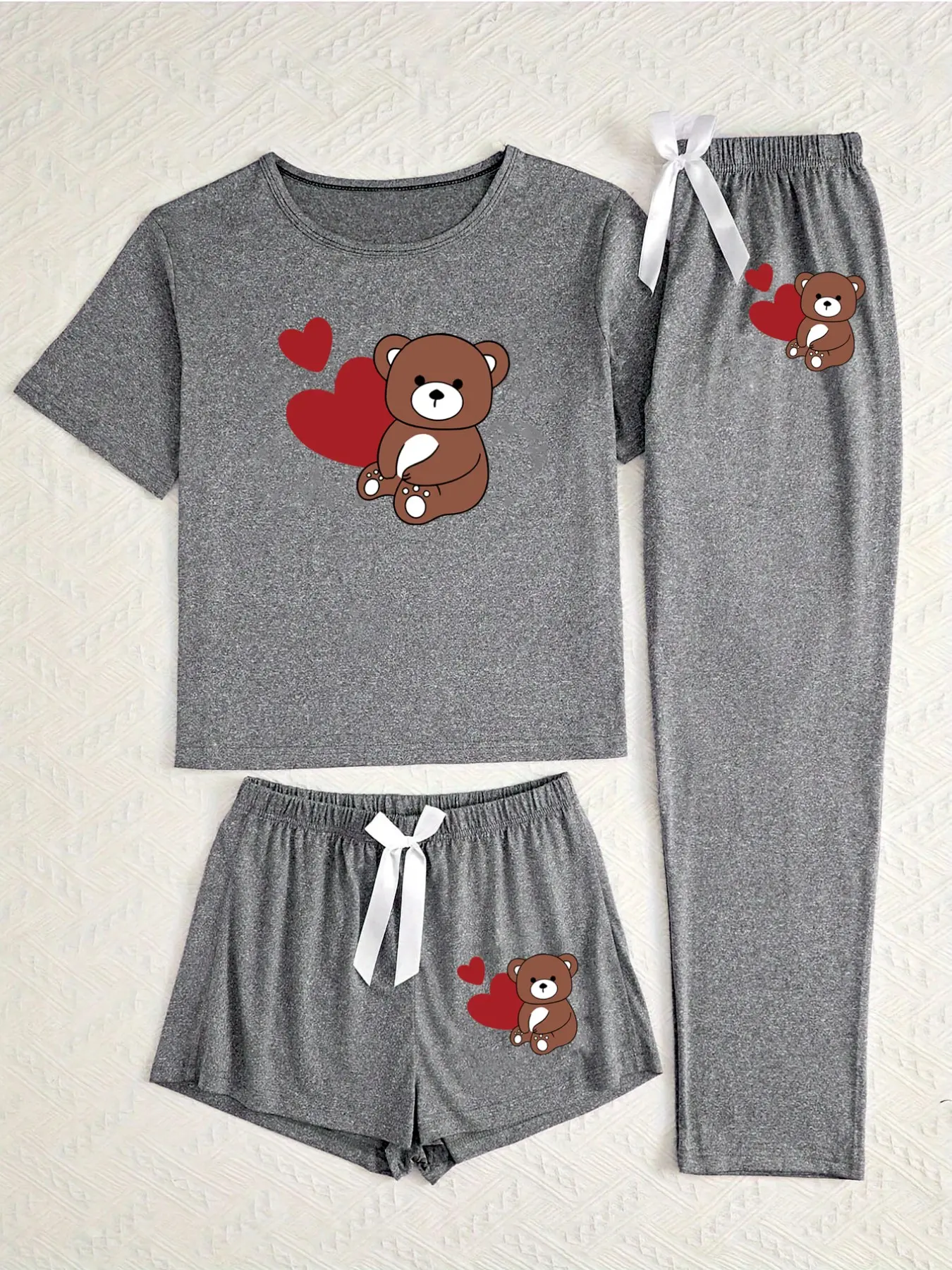 Women's Casual Bear Heart Print Pajama Set, Short Sleeve T-Shirt and Pants 3-Piece Suite, Soft Knit Fabric, All Seasons Wearable Sleepwear Pjs