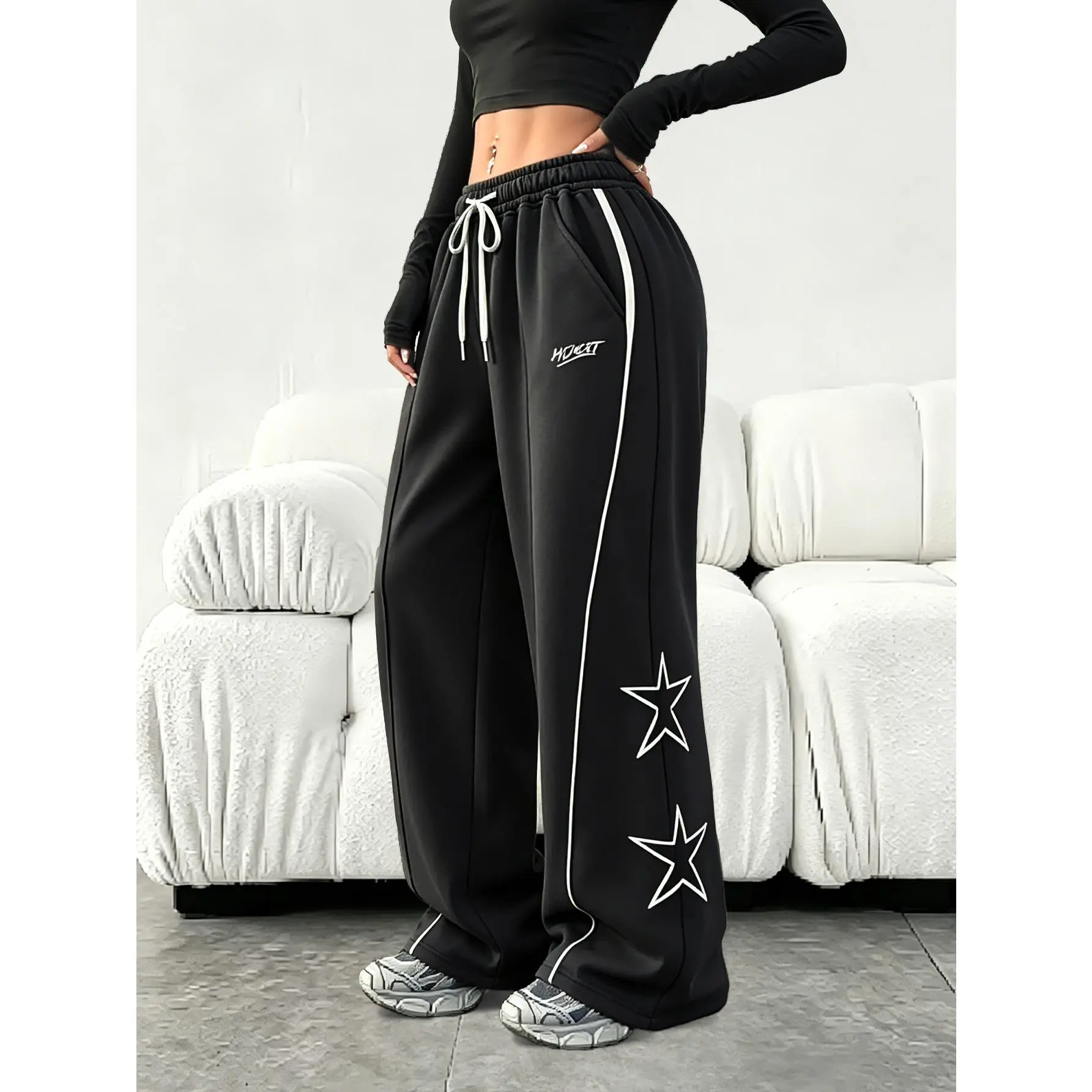Women Spring Autumn Star Embroidery Sports Pants Elastic Drawstring Waist Fashion Casual Long Trousers For Outdoor Leisure Daily Wear