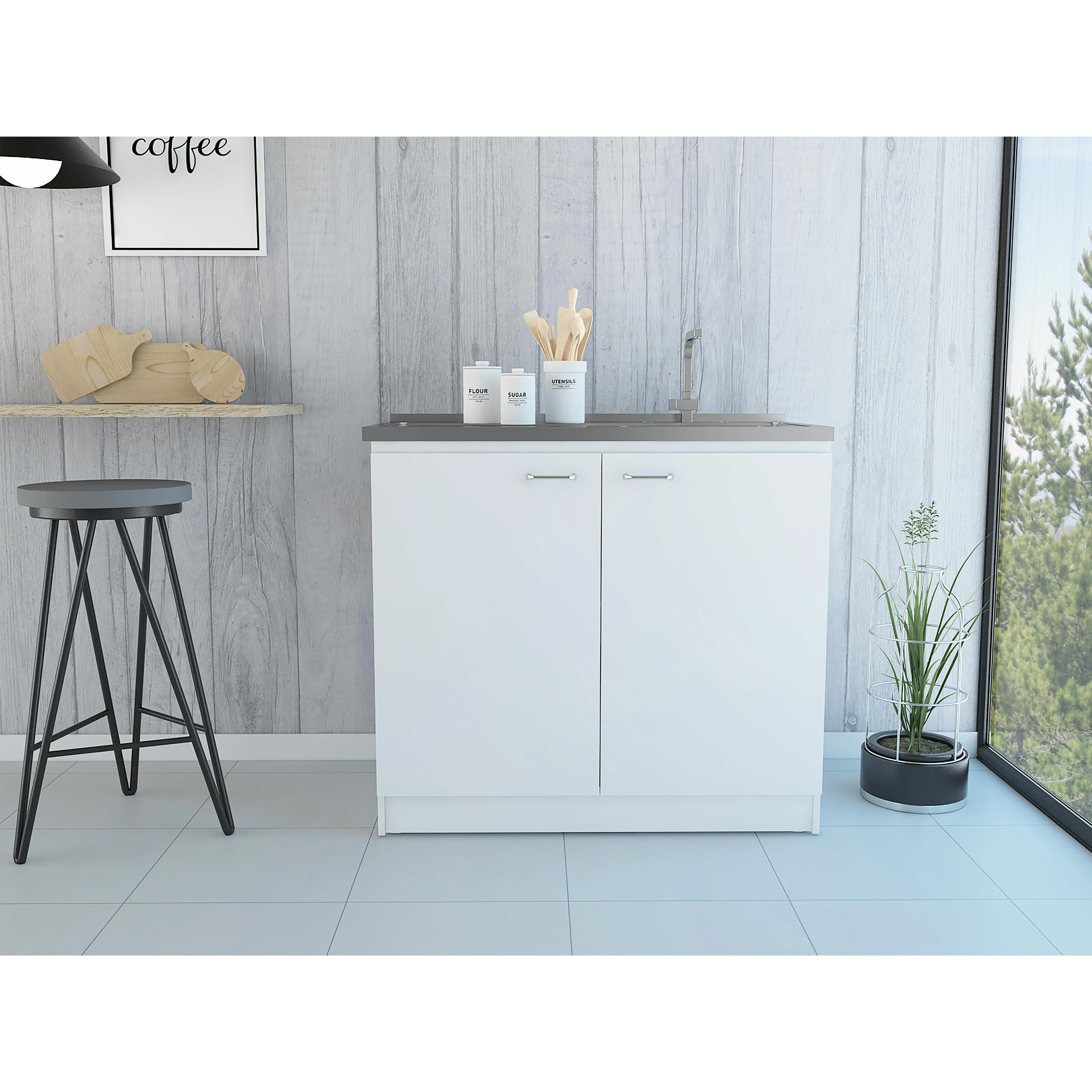 Nokaa Utility Sink Cabinet with Double Door Storage, Stainless Steel Countertop, White Particle Board Kitchen Floor Cabinet with Interior Shelf, Easy Assembly, 39W x 21D x 35H in, Modern Style for Kitchen Organization, White Color Options