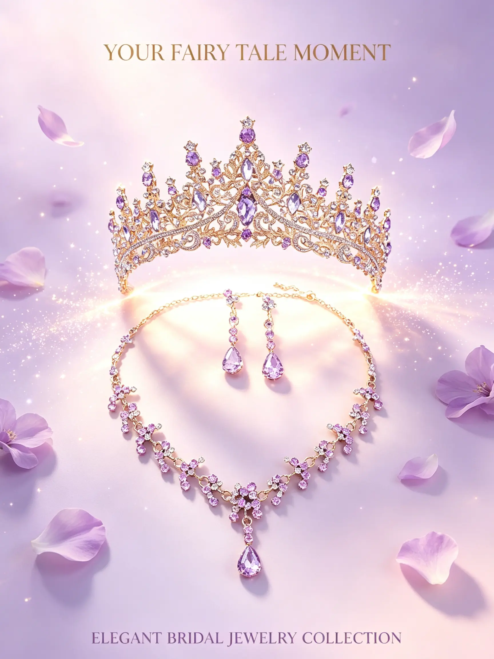 A set of atmospheric purple rhinestone bridal crown Elegant Crown Design Tiara with simple water droplet necklace and earrings, 4-piece wedding accessory set, suitable for weddings, parties and gatherings