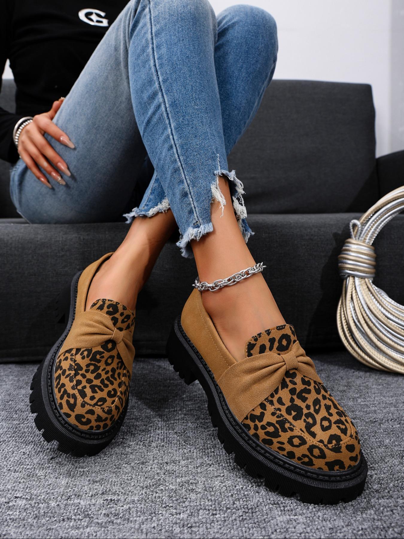 Women's Fashion Leopard Print Bowknot Design PU Leather Loafers, Casual Comfortable Slip on Shoes for Daily Wear, Lightweight Breathable Shoes for All Seasons