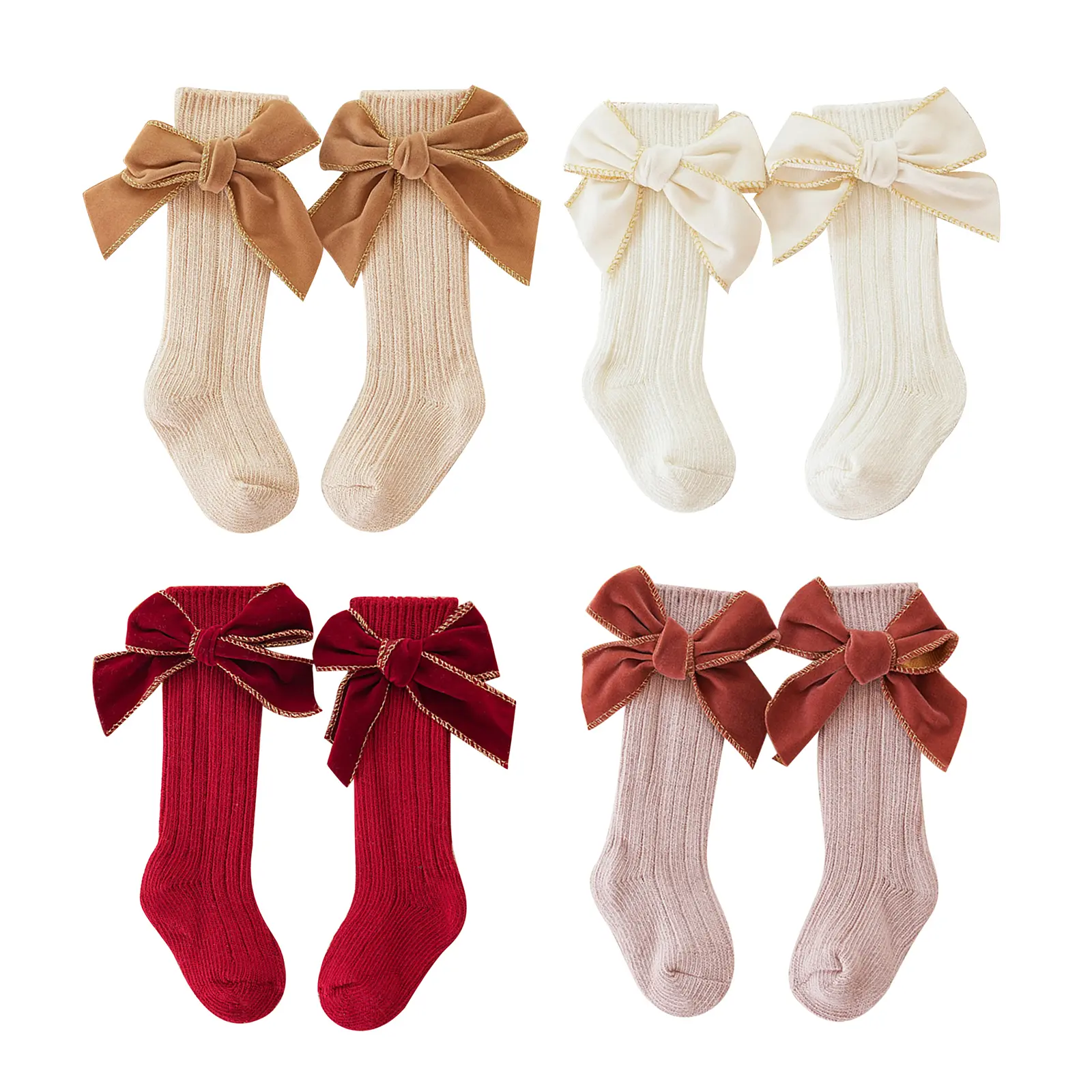 Babamoon Christmas Cotton Knee-High Socks for 0-5 Years Infants Toddlers Baby Girls, Soft Texture Infant Size Long Socks with Velvet Bows