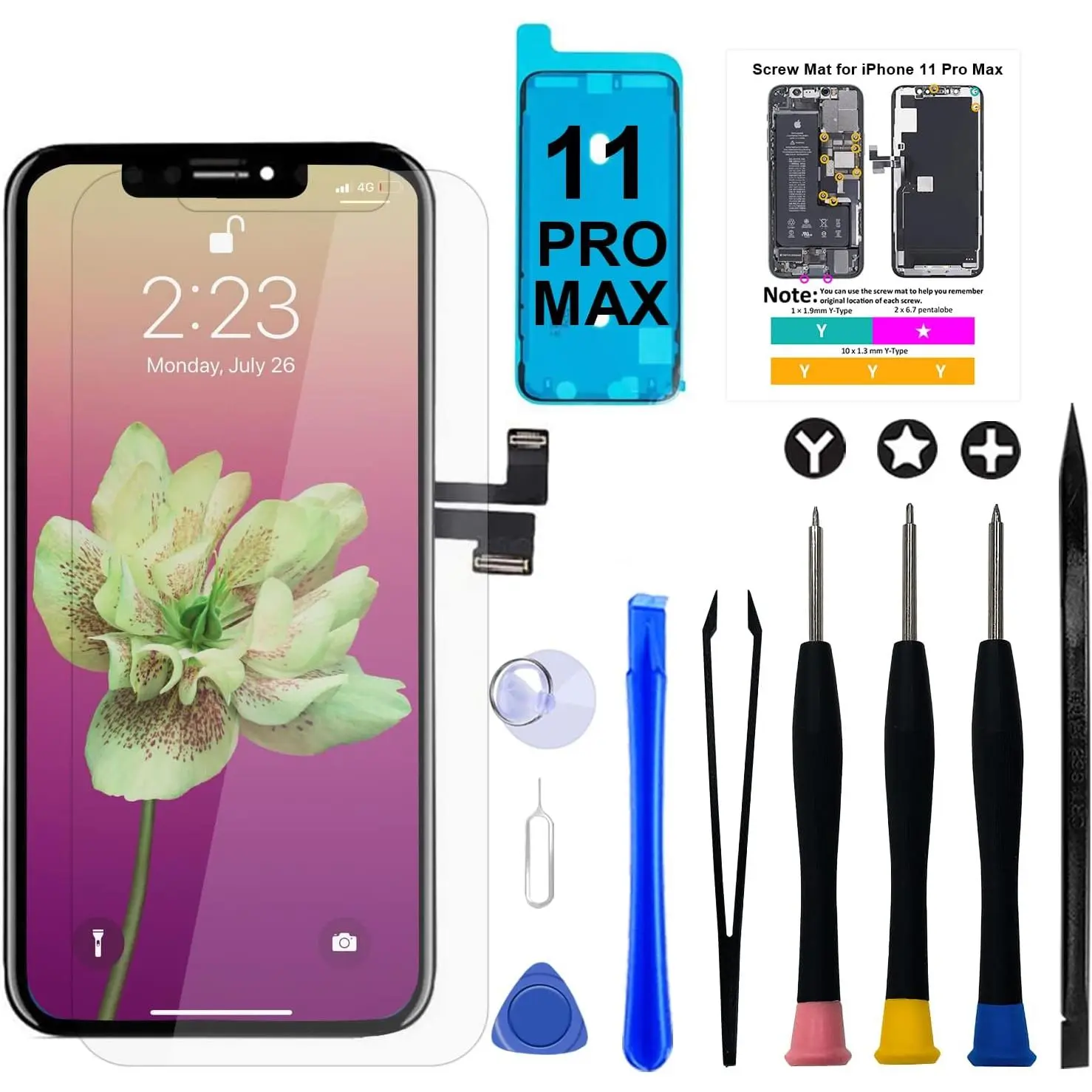 iPhone 11 Pro Max Screen Replacement Kit, 6.5" Full HD Retina LCD Display COF Touch Screen Digitizer Assembly Set with Repair Tools, Waterproof Adhesive, Tempered Glass