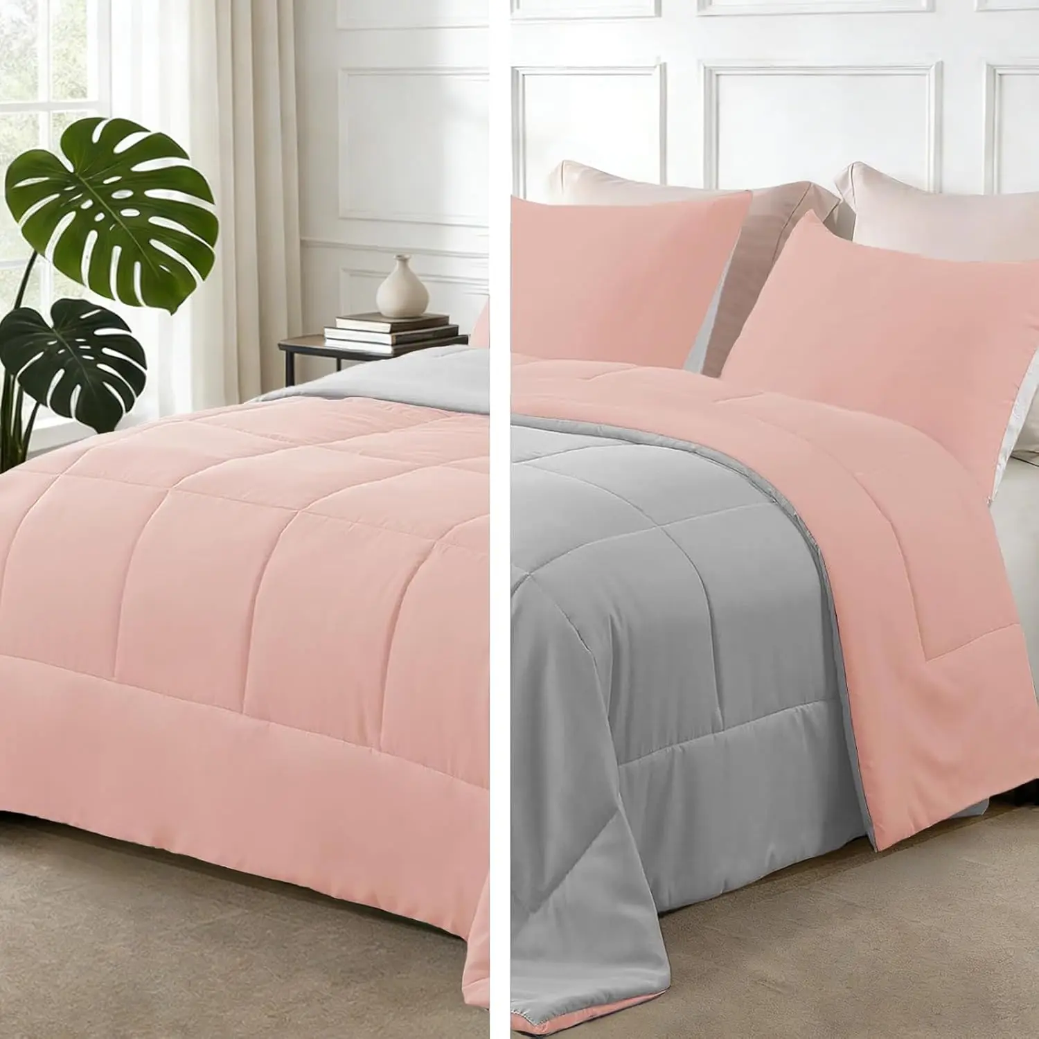 Reversible Soft Full Comforter Set, 3 Pieces |   Blush Pink/ Light Grey Lightweight Microfiber Down Alternative Comforters, All-Season Bedding with 2 Pillow Shams