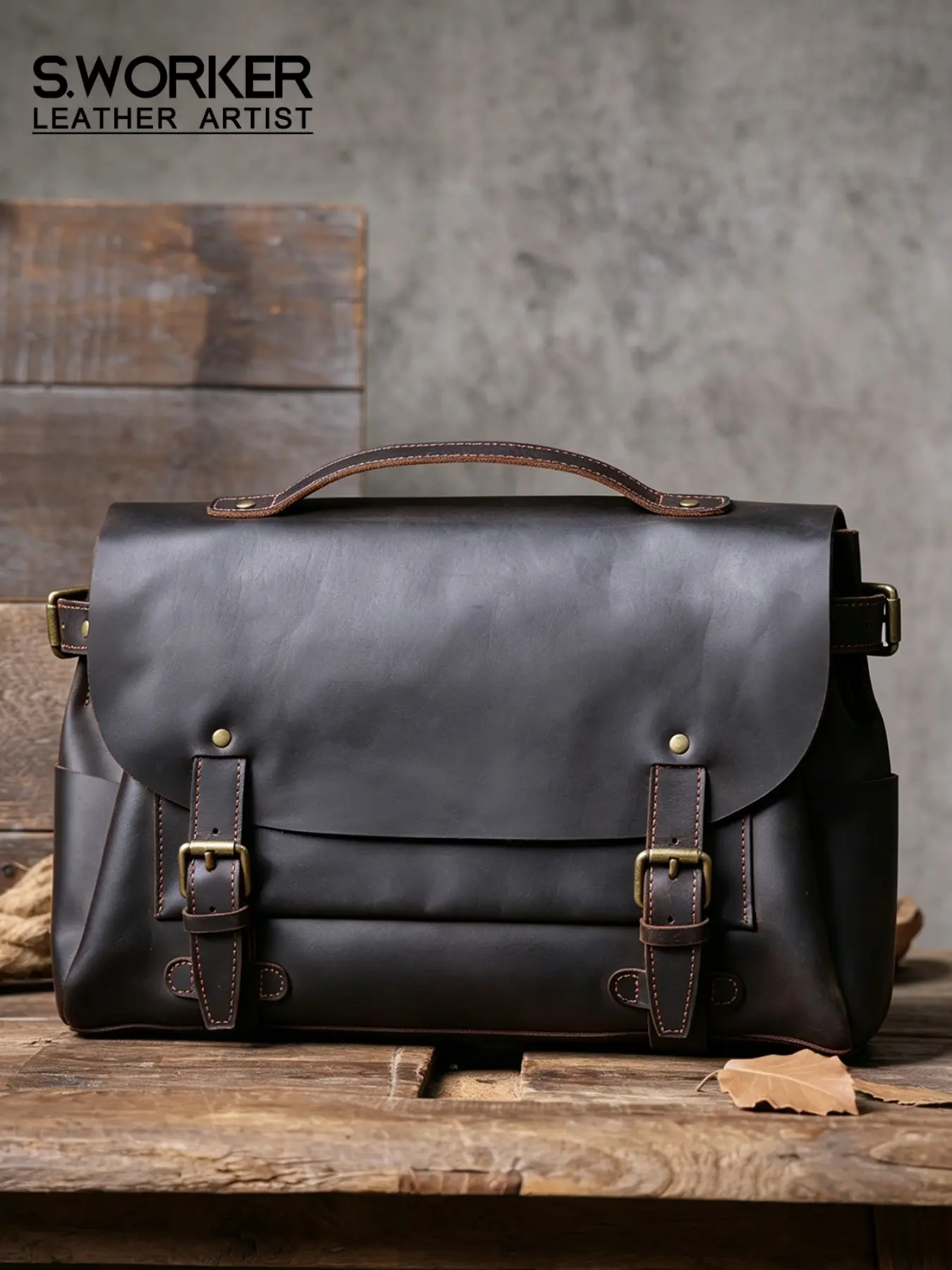 Vintage Crazy Horse Leather Messenger Bag, Top Grain Cowhide Men's Handbag, Genuine Leather Shoulder Computer Bag, Trendy Design Fashion Accessory, Leather Artist